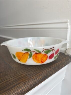 Vintage Fire King 1 qt dish, handles, milk glass, painted fruit, pristine